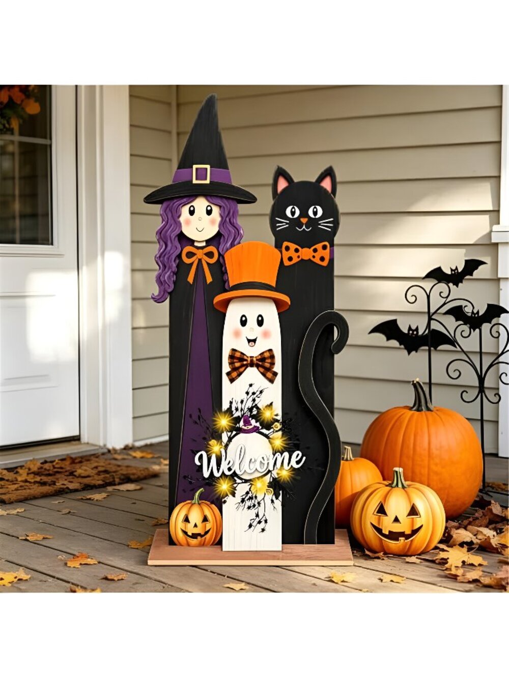 Halloween Welcome Sign with LED Lights, 36" Wooden Standing Sign, Witch Black
